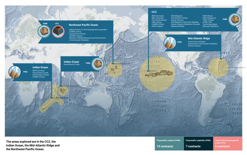 Kort over mine-efterforskningsområder på bunden af verdenshavene